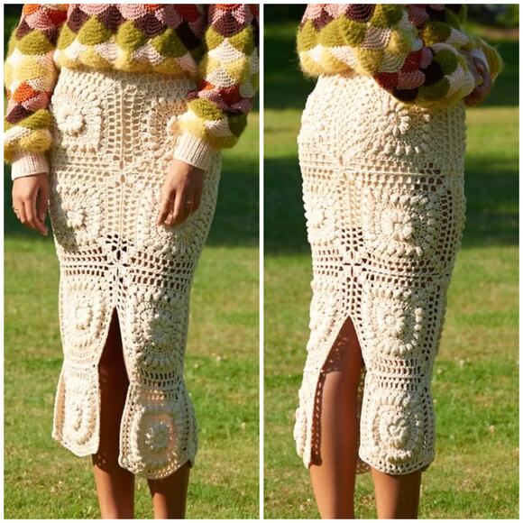 AYNI NWT Yawuni Crochet Maxi Skirt Cream Size M Granny Square Boho Pull-On Knit